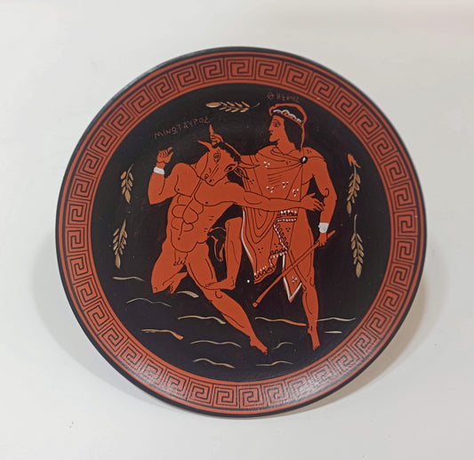 Theseus and the Minotaur - Fight in the Labyrinth of Crete - Hero against Beast- Ceramic plate - Handmade in Greece