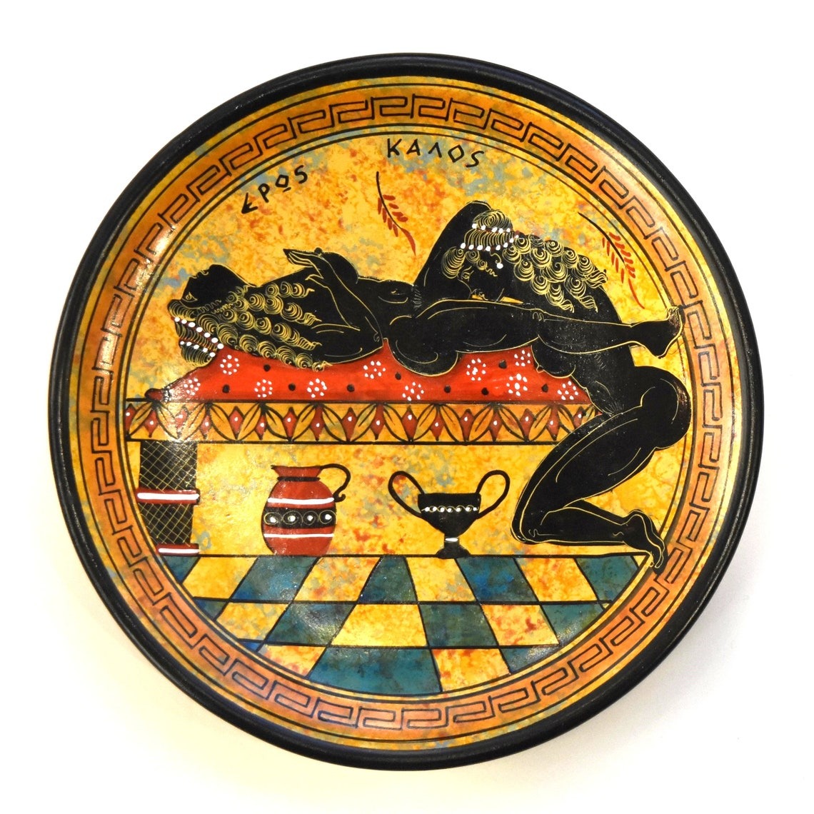 Homoerotic Scene between Two Females - Athens, 500 BC - Representation of Red Figure Vessel - Ceramic - Meander design - Handmade in Greece