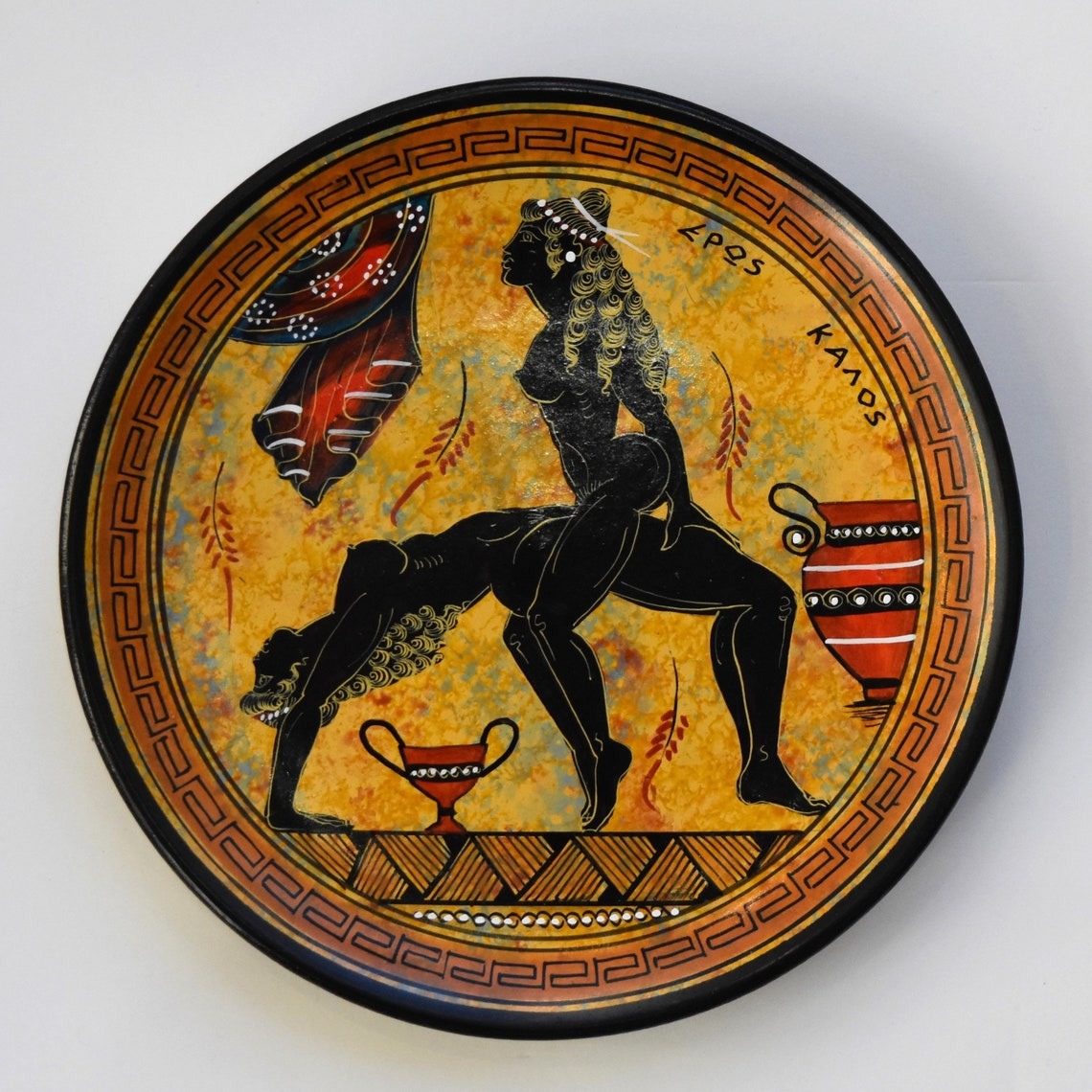 Homoerotic Scene between Two Females - Athens, 500 BC - Representation of Red Figure Vessel - Ceramic - Meander design - Handmade in Greece