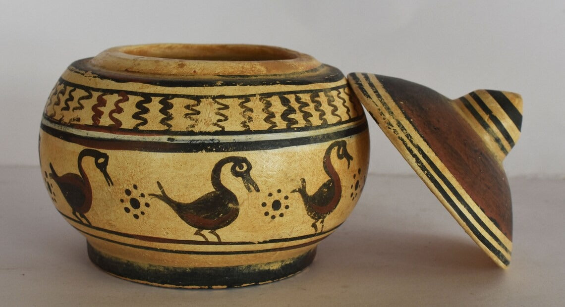 Pyxis Vase - Cylindrical Box - Birds Motif - Symbol of Transcendence - Athens, Attica - 700 BC - Museum Reproduction - Ceramic Artifact