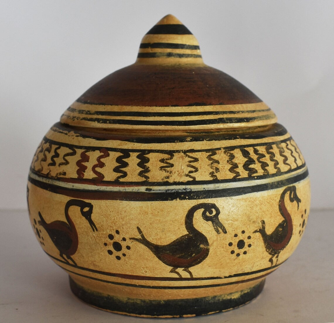 Pyxis Vase - Cylindrical Box - Birds Motif - Symbol of Transcendence - Athens, Attica - 700 BC - Museum Reproduction - Ceramic Artifact