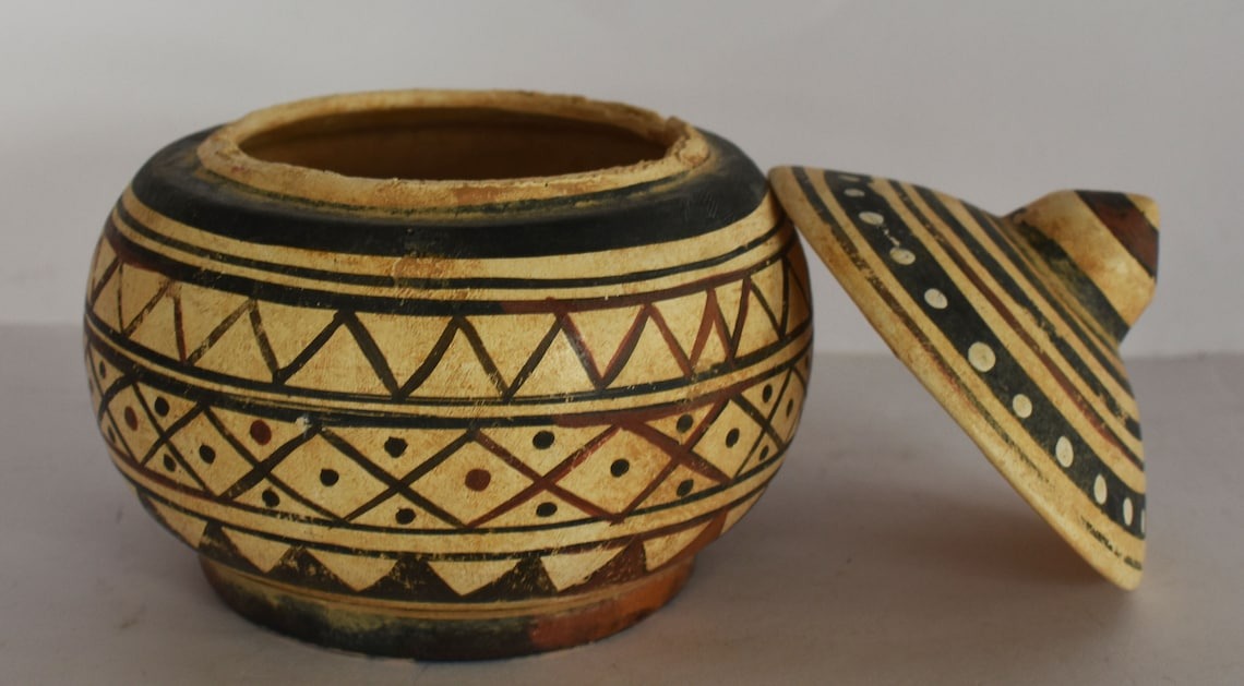 Pyxis Vase - Cylindrical Box - Geometric Motif - Athens, Attica - 700 BC - Museum Reproduction - Ceramic Artifact