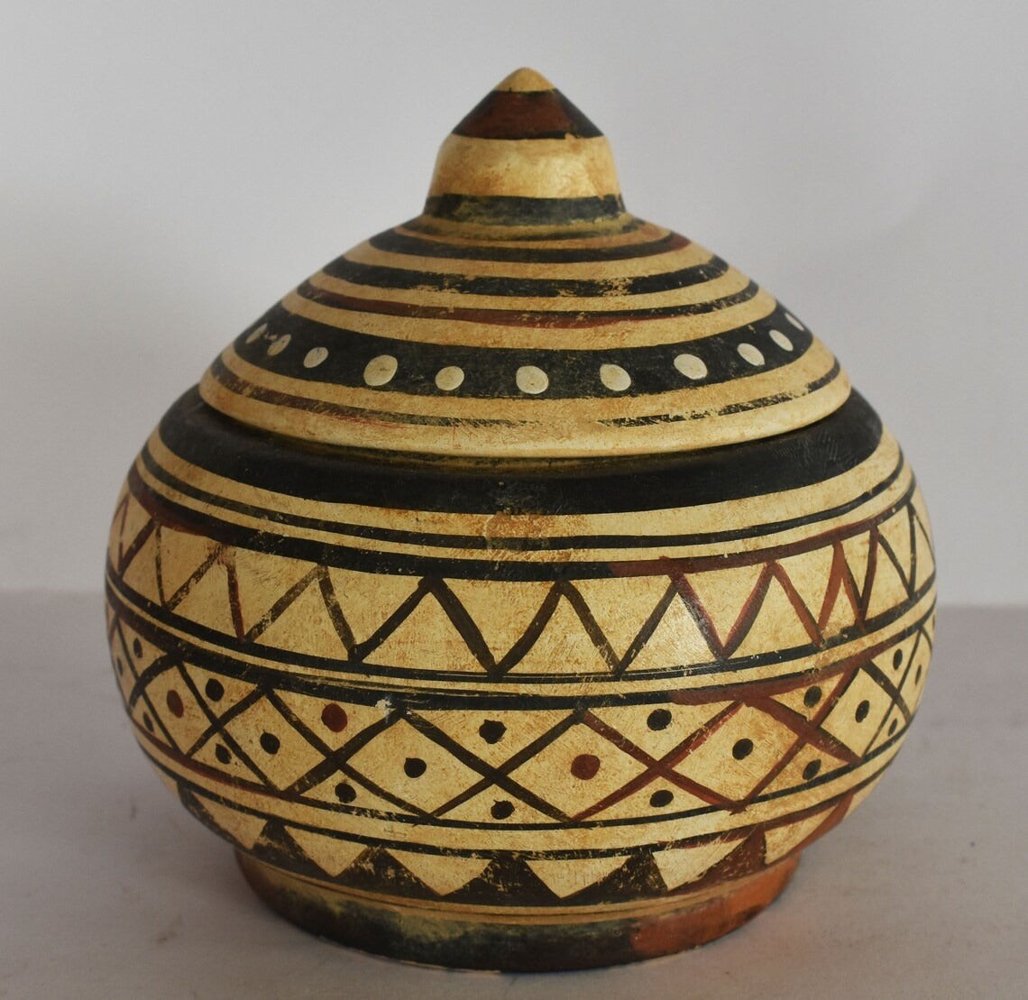 Pyxis Vase - Cylindrical Box - Geometric Motif - Athens, Attica - 700 BC - Museum Reproduction - Ceramic Artifact