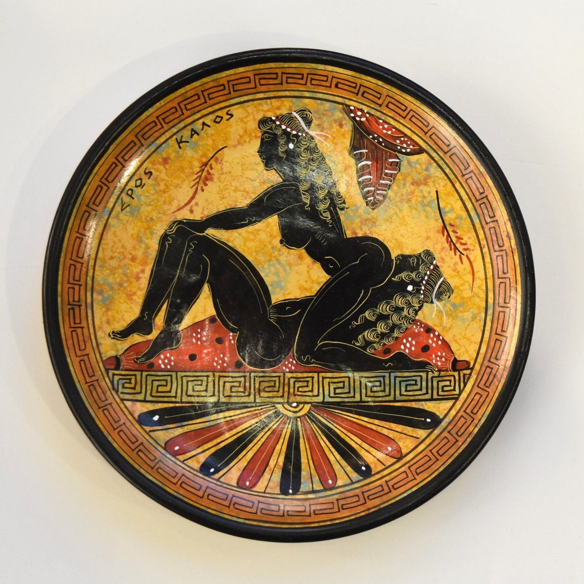 Homoerotic Scene between Two Females - Athens, 500 BC - Representation of Red Figure Vessel - Ceramic - Meander design - Handmade in Greece