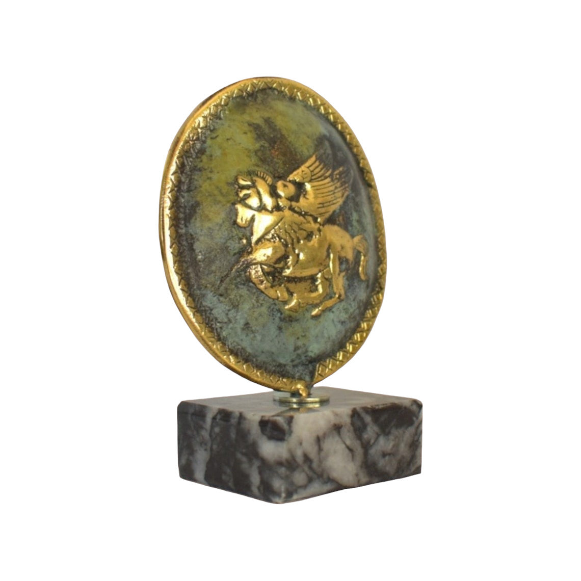 Ancient Greek Spartan Shield - Pegasus - Mythical Immortal Winged Divine Horse - Marble Base - pure Bronze Sculpture