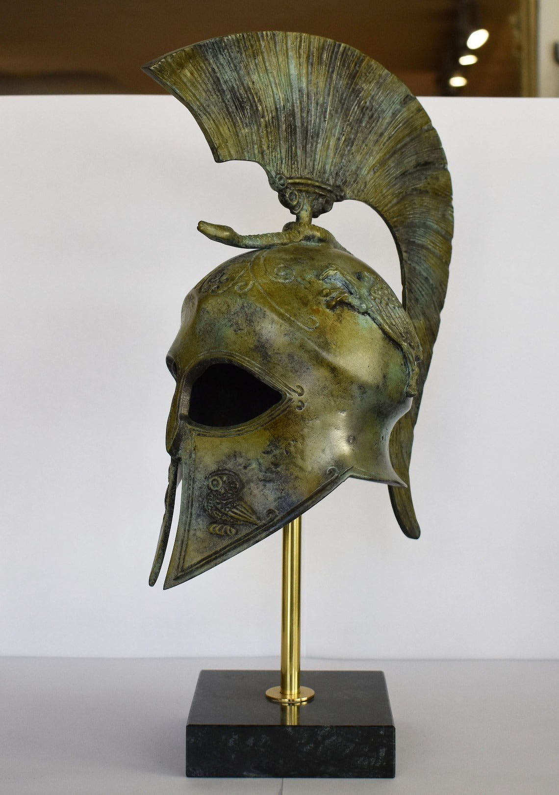 Ancient Greek Spartan Corinthian Helmet - Classic Period - Marble Base  - Museum Reproduction - Pure Bronze Statue