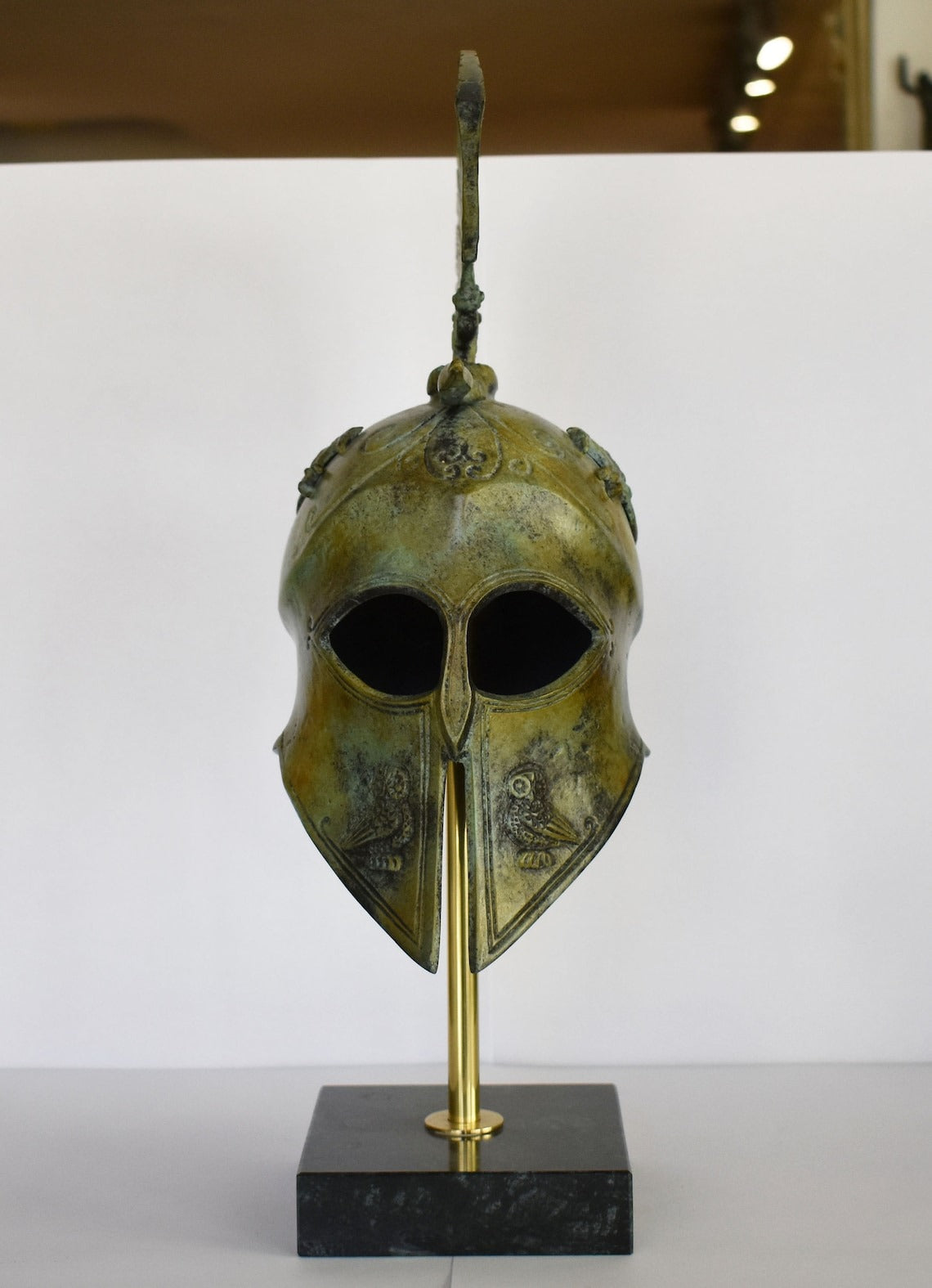 Ancient Greek Spartan Corinthian Helmet - Classic Period - Marble Base  - Museum Reproduction - Pure Bronze Statue