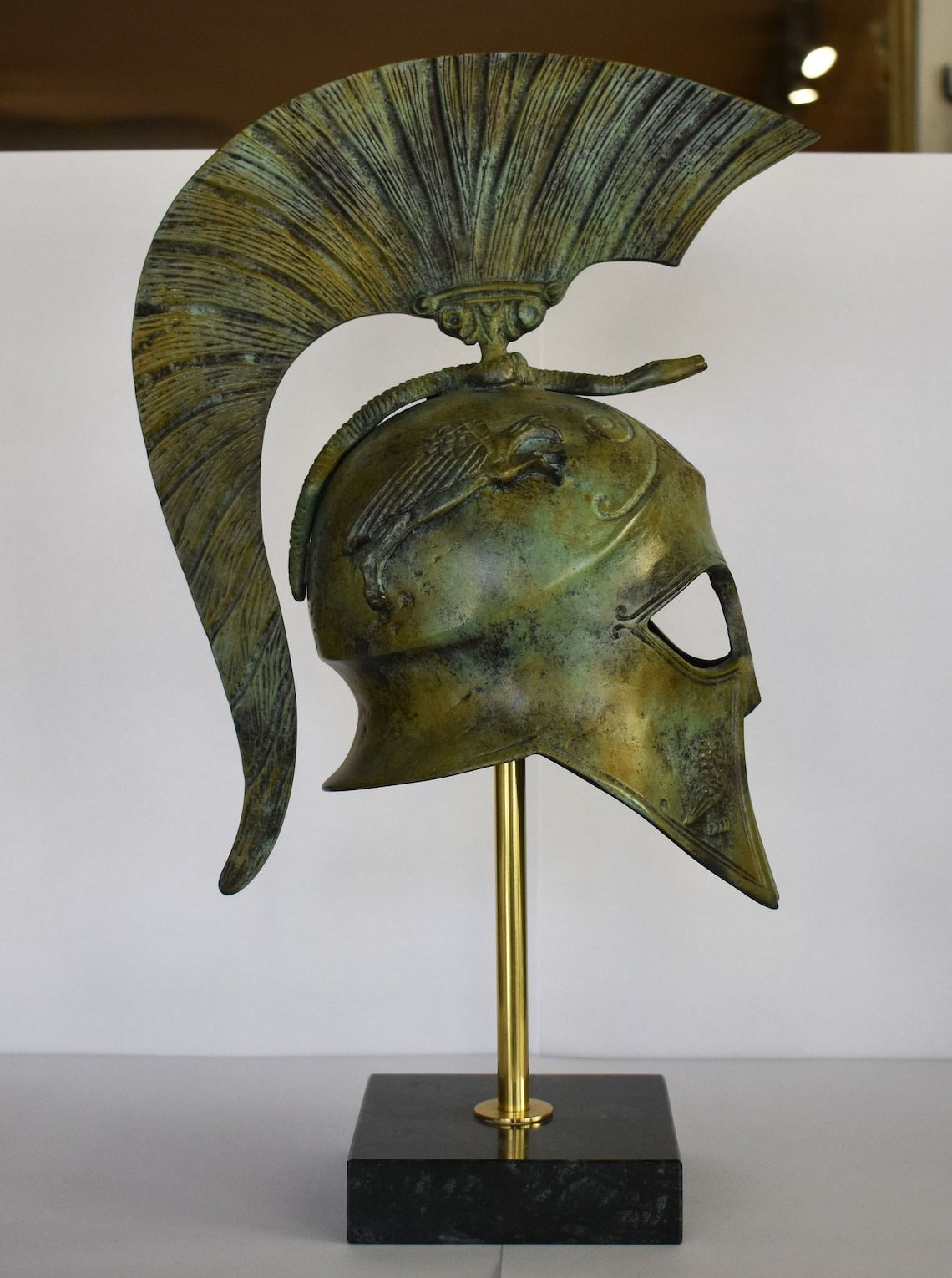 Ancient Greek Spartan Corinthian Helmet - Classic Period - Marble Base  - Museum Reproduction - Pure Bronze Statue