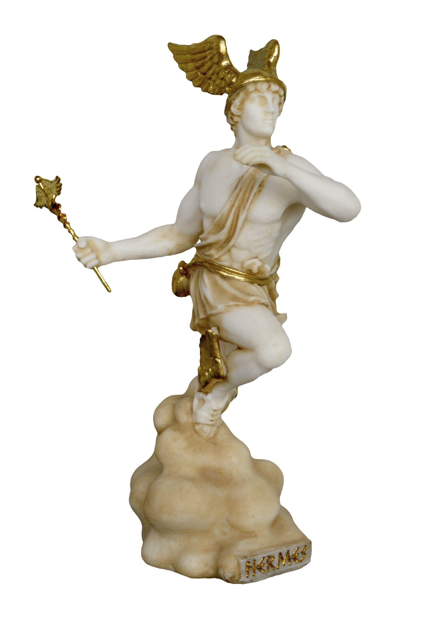Hermes Mercury - God of Trade, Wealth, Luck, Fertility, Animal Husbandry, Sleep, Language, Thieves, and Travel - Aged Alabaster Statue