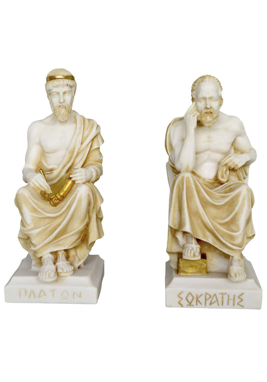 Socrates  and Plato Set - Teacher and Student  - Fathers of Western Philosophy -  Aged Alabaster Sculptures