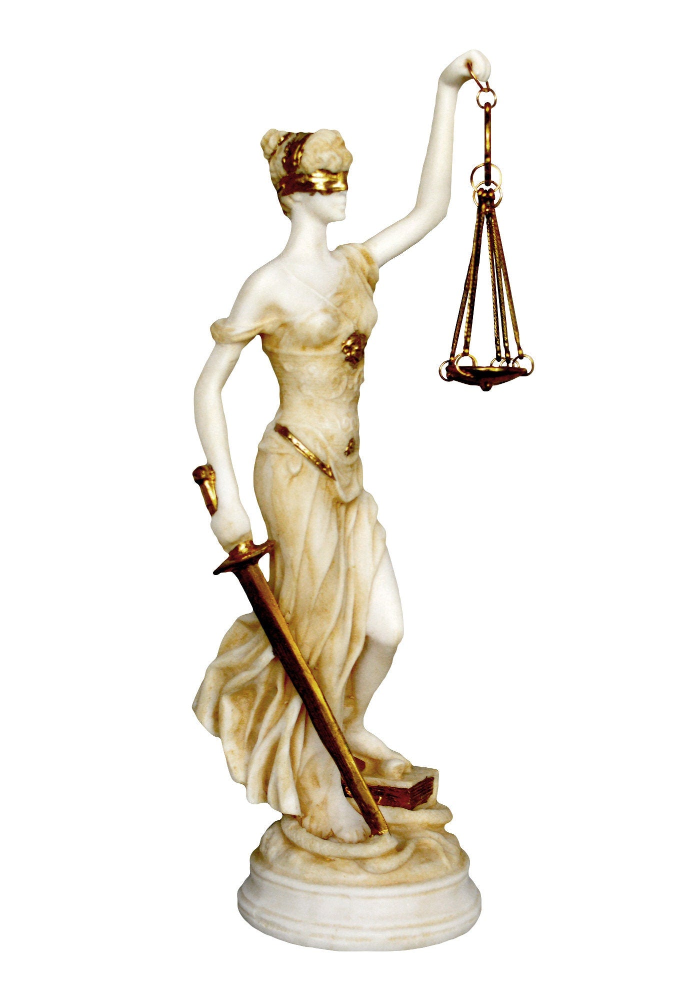 Themis Justitia - Greek Roman Goddess of Divine Law and Order, Fairness, Natural Law and Custom - Aged Alabaster Statue