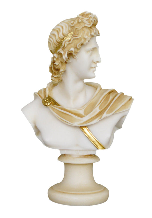 Apollo Bust - Greek Roman God of Music, Poetry, Sun, Light, Prophecy and Healing  - Aged Alabaster