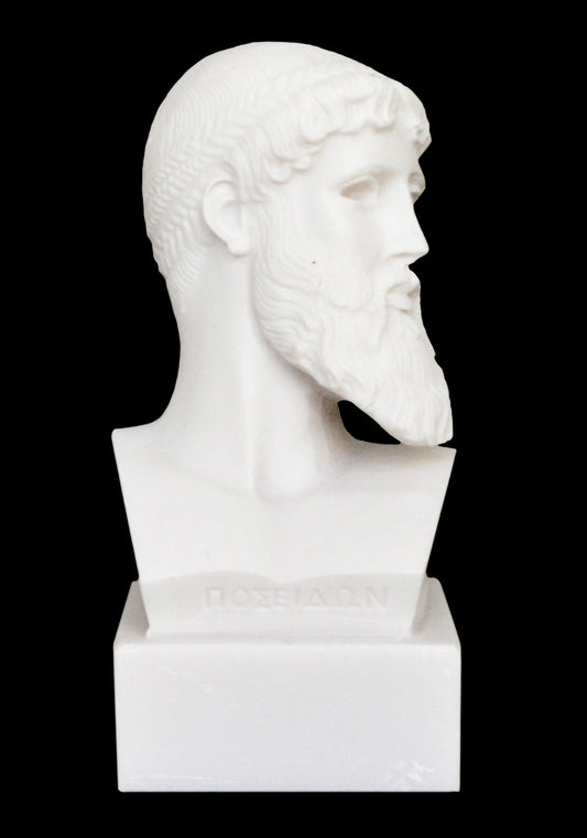 Poseidon Neptune -  Greek Roman God of the Sea and Waters, Horses and Earthquakes - Alabaster Bust Statue
