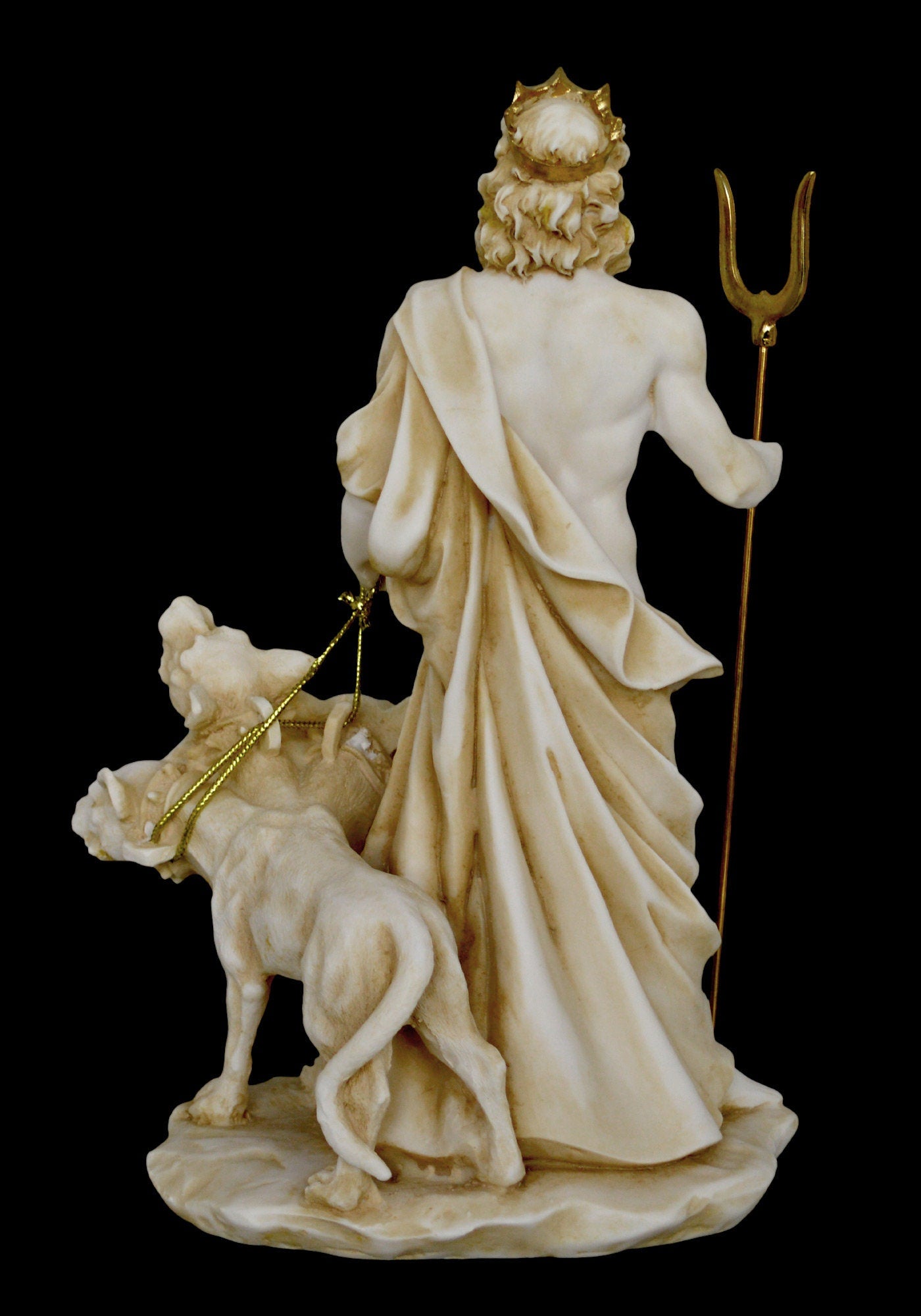 Hades and Cerberus - Greek Roman God of the Dead, King of the Underworld - Three-Headed Dog Guarding the Gates - Aged Alabaster Statue