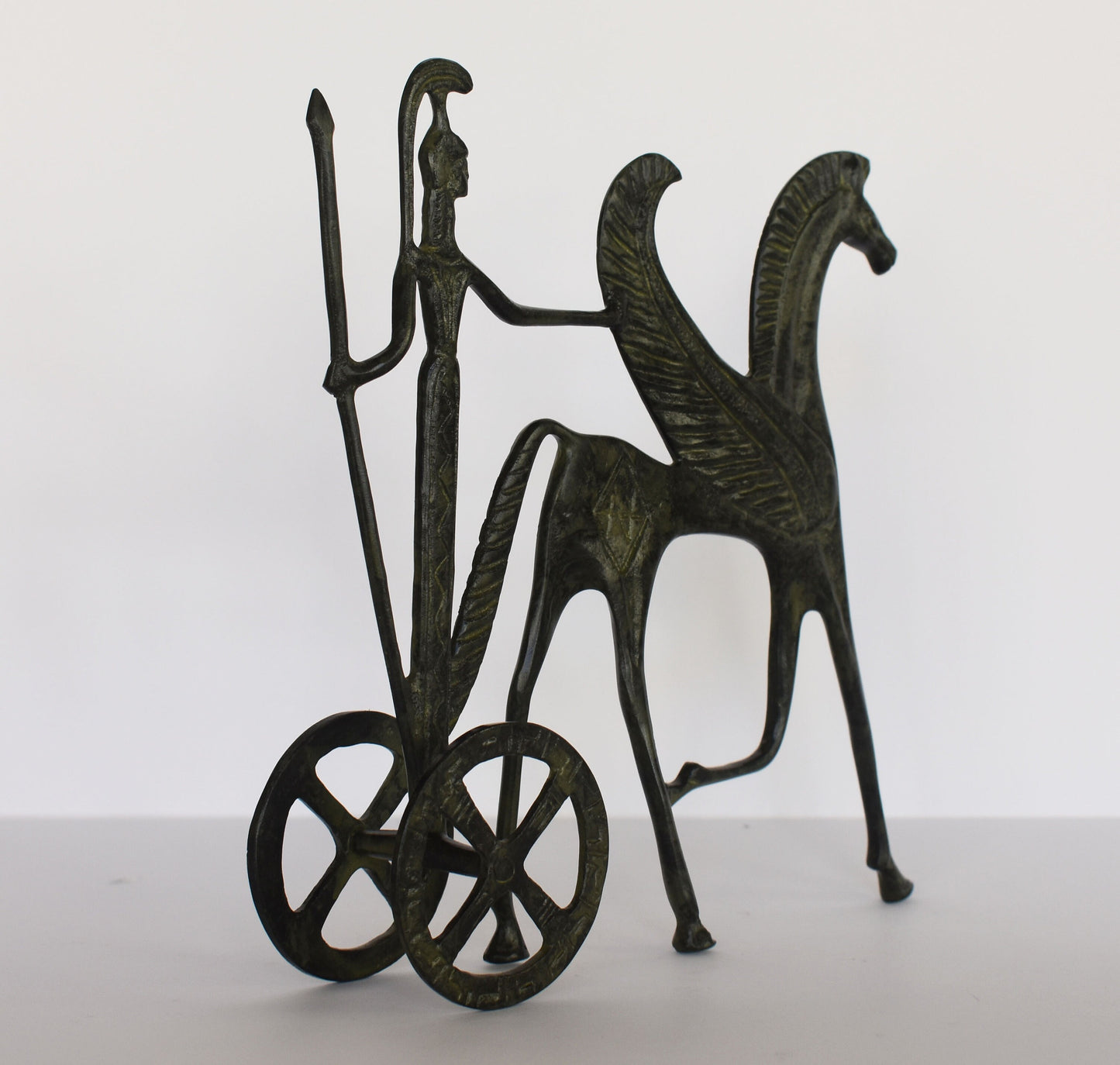 Ancient Greek Chariot - goddess Athena with spear and Pegasus - pure Bronze Sculpture