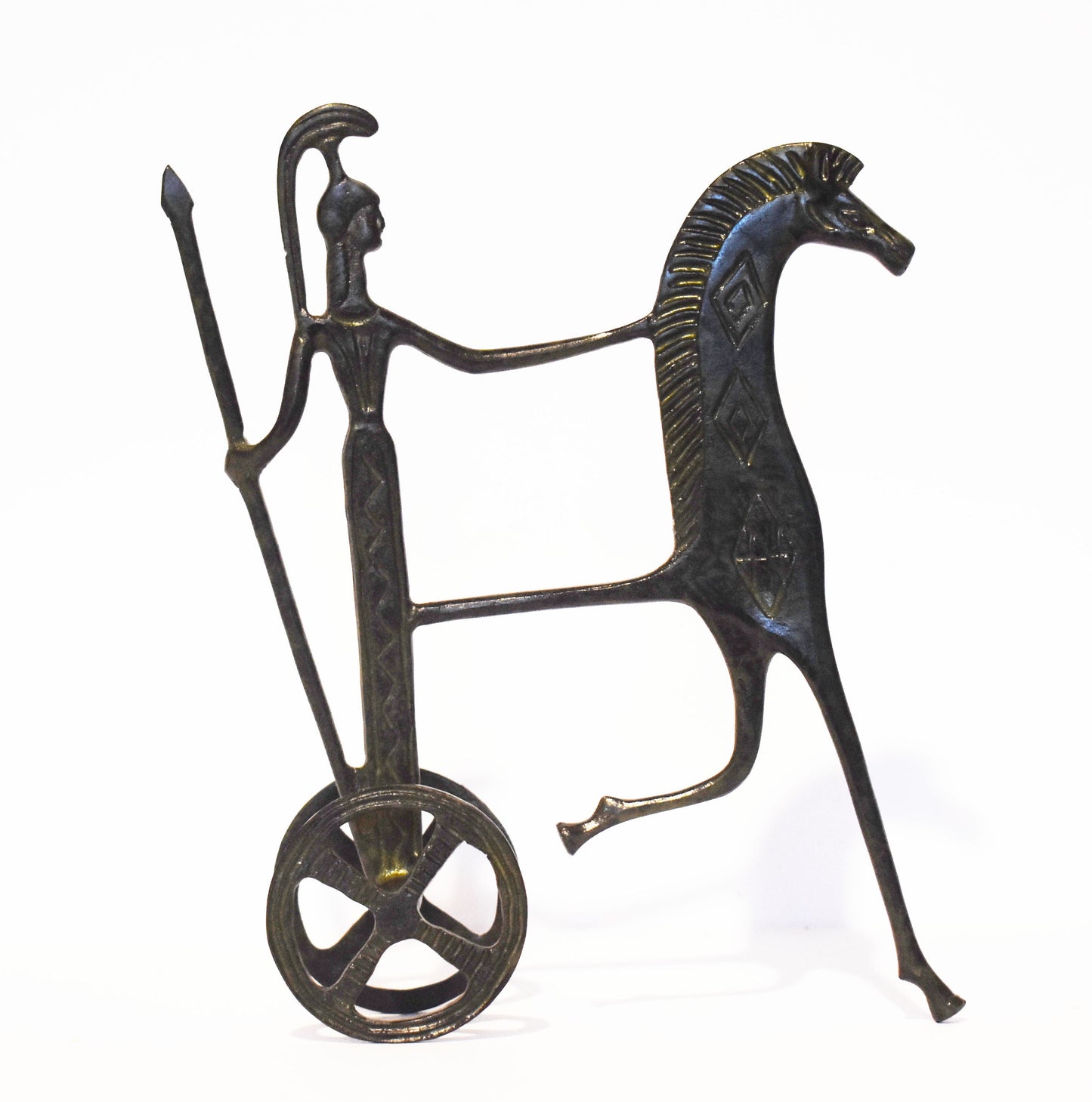 Ancient Greek Chariot - Goddess Athena holding a spear - pure Bronze Sculpture