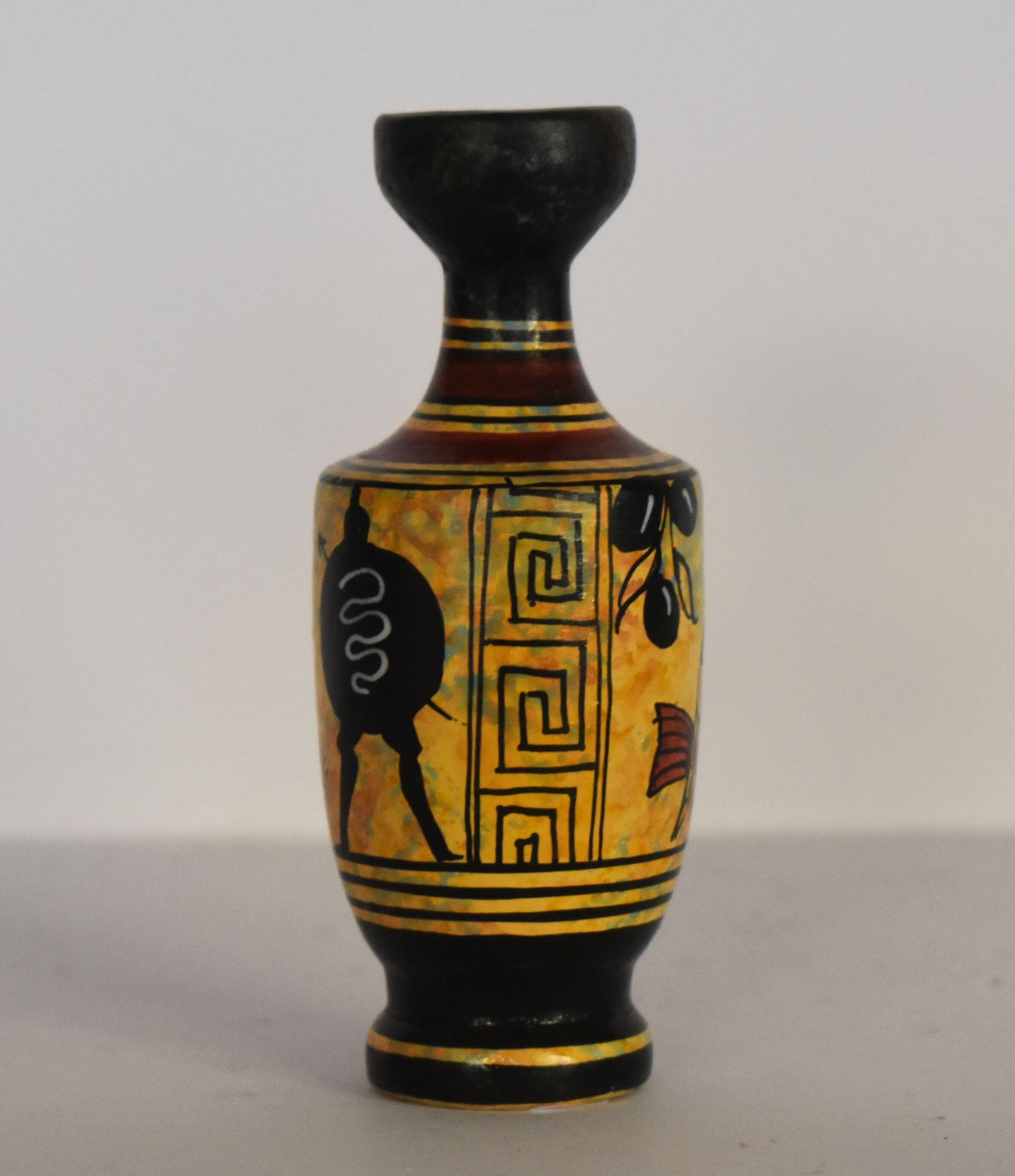 Ancient Greek lekythos - warriors and athenian owl - Miniature Ceramic piece - Geometric Period - Handmade in Greece