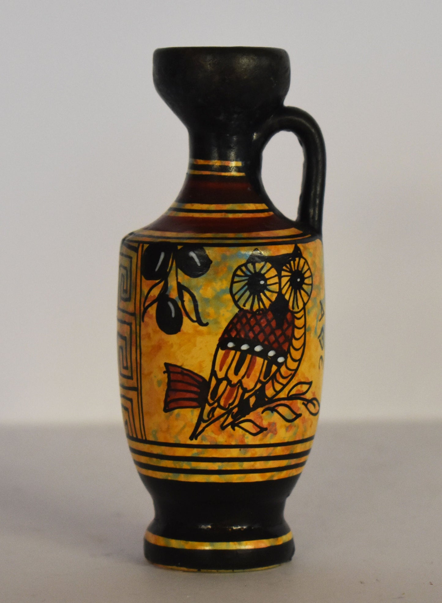 Ancient Greek lekythos - warriors and athenian owl - Miniature Ceramic piece - Geometric Period - Handmade in Greece