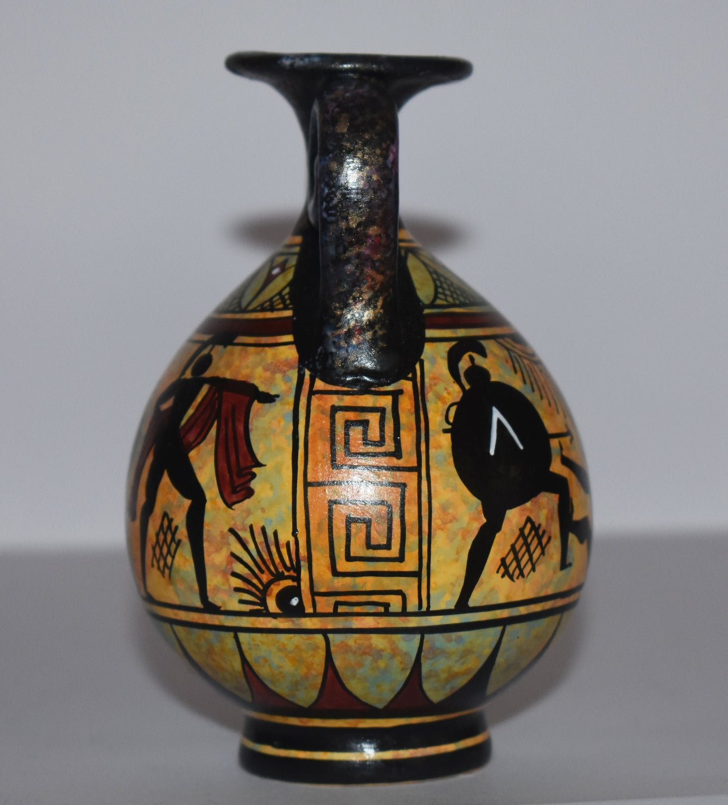 Ancient Greek vase with warriors - Miniature Ceramic piece - Geometric Period - Handmade in Greece