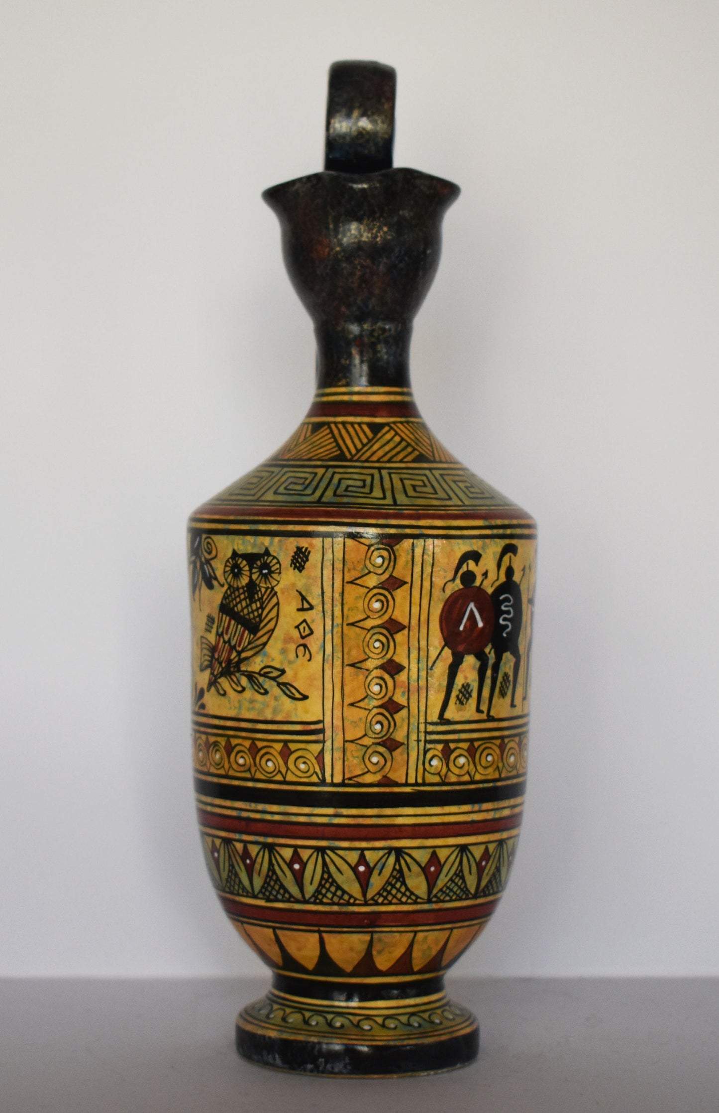 Ancient Greek lekythos - warriors,chariot,ship,athenian owl - Ceramic piece - Geometric Period - Handmade in Greece