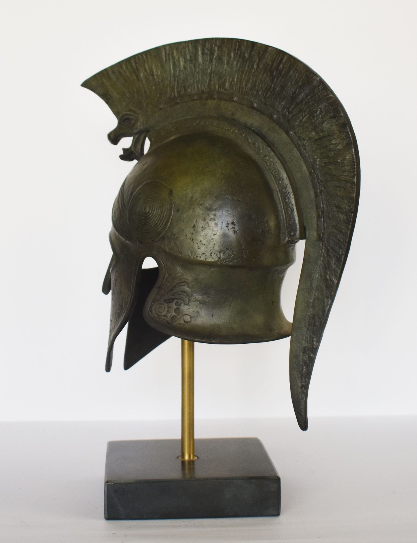 Ancient Greek Spartan Corinthian Helmet - Griffin and eternity Motif - marble base - museum reproduction - pure bronze statue
