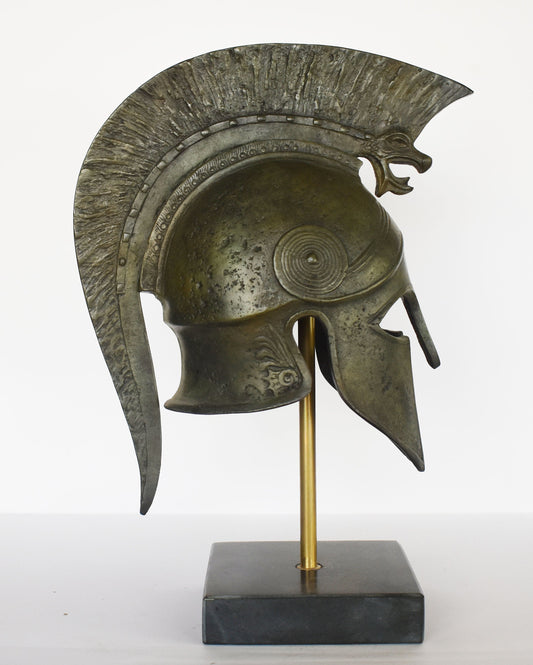 Ancient Greek Spartan Corinthian Helmet - Griffin and eternity Motif - marble base  - museum reproduction - pure bronze  statue