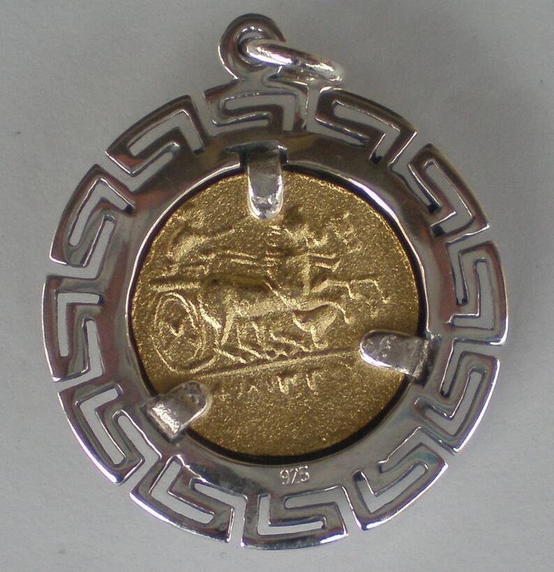 Apollo - Greek Roman God of Light, Healing, Music - Meander, symbol of eternity - Gold Plated Coin Pendant - 925 Sterling Silver