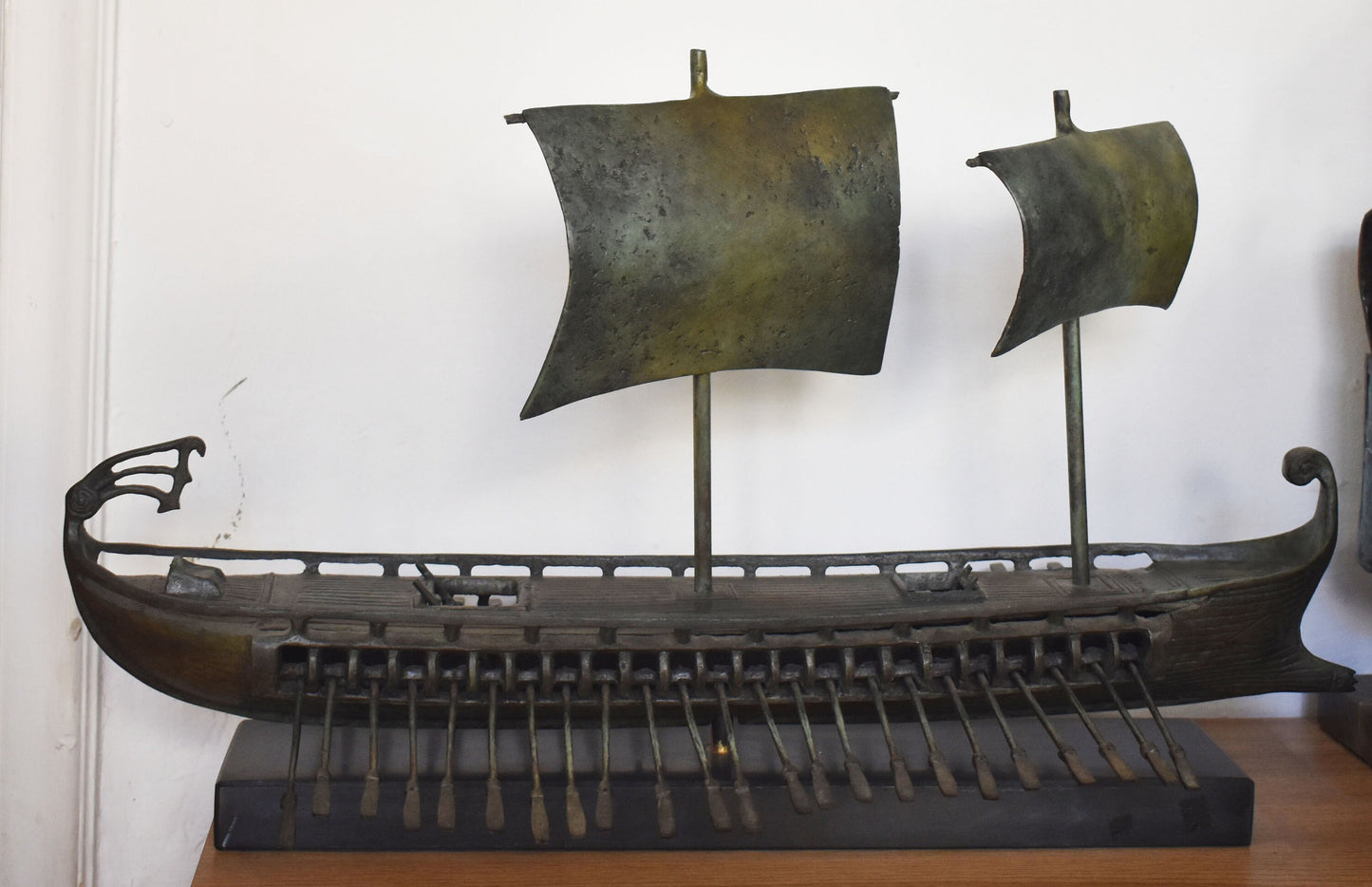 Ancient Greek Ship -Trireme - Bireme - Penteconter - Athenian Spartan Fleet against Persian Empire - pure Bronze Sculpture  with marble base