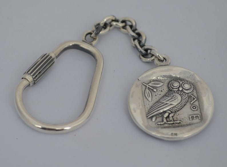 Athena  Minerva - Greek Roman Goddess of wisdom and Owl - Keychain - Athenian Tetradrachm coin - 925 Sterling Silver
