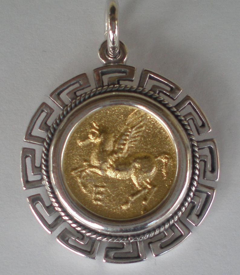 Pegasus the Mythical Horse and Greek Roman Goddess Artemis - Meander, symbol of eternity - Gold Plated Coin Pendant - 925 Sterling Silver