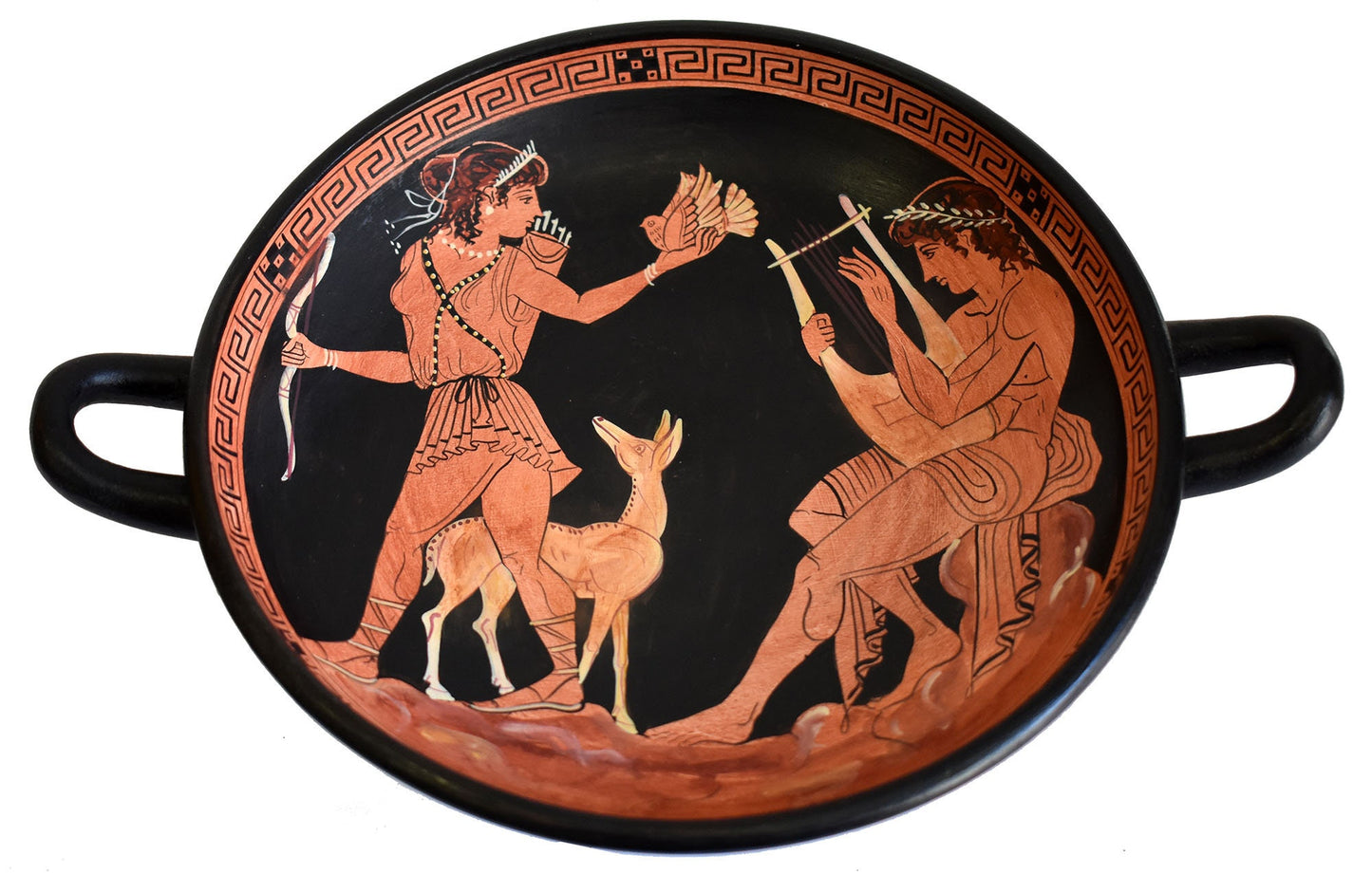 Artemis Goddess of Hunt and Apollo God of Music Red Figure small Kylix Vase