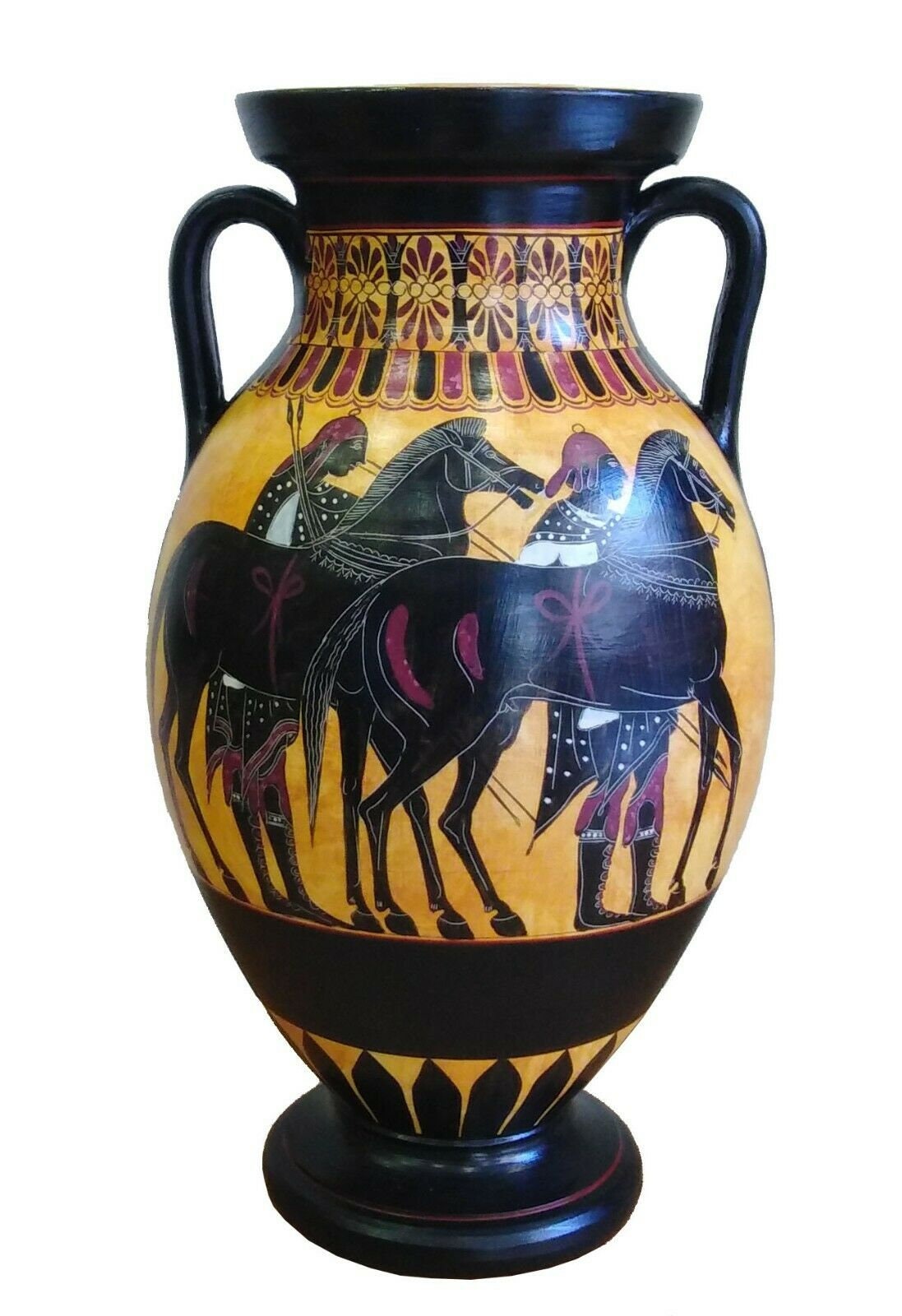 Aphrodite Apollo and Hermes - Greek cavalry - Ancient Greek Amphora - 550 BC - National Athens Museum  - Reproduction