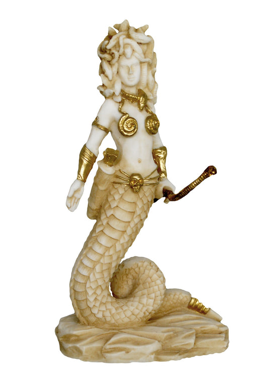 Medusa - Gorgo - Snake-Haired Gorgon - Snake Lady - Monster Figure - Perseus and Goddess Athena Myth - Aged Alabaster Statue