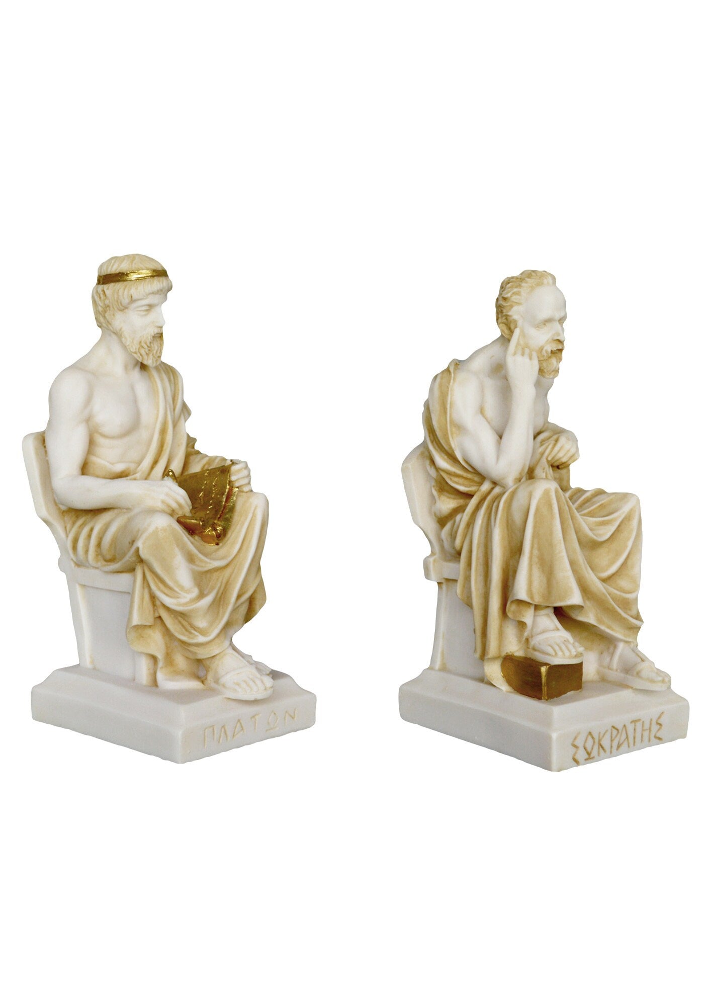 Socrates and Plato Set - Teacher and Student - Fathers of Western Philosophy - Aged Alabaster Sculptures