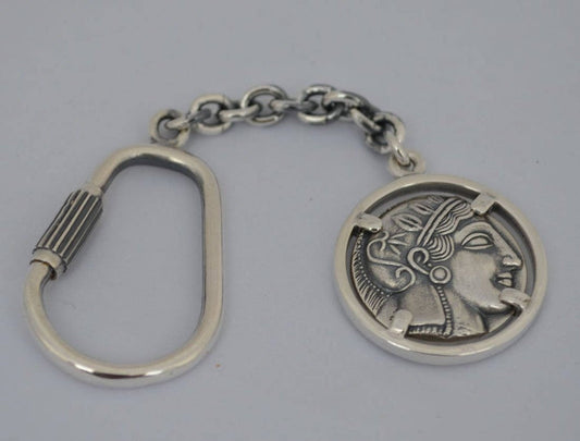 Athena Minerva - Greek Roman Goddess of Wisdom -  Owl symbol - Athenian Tetradrachm Coin - Keychain - 925 Sterling Silver