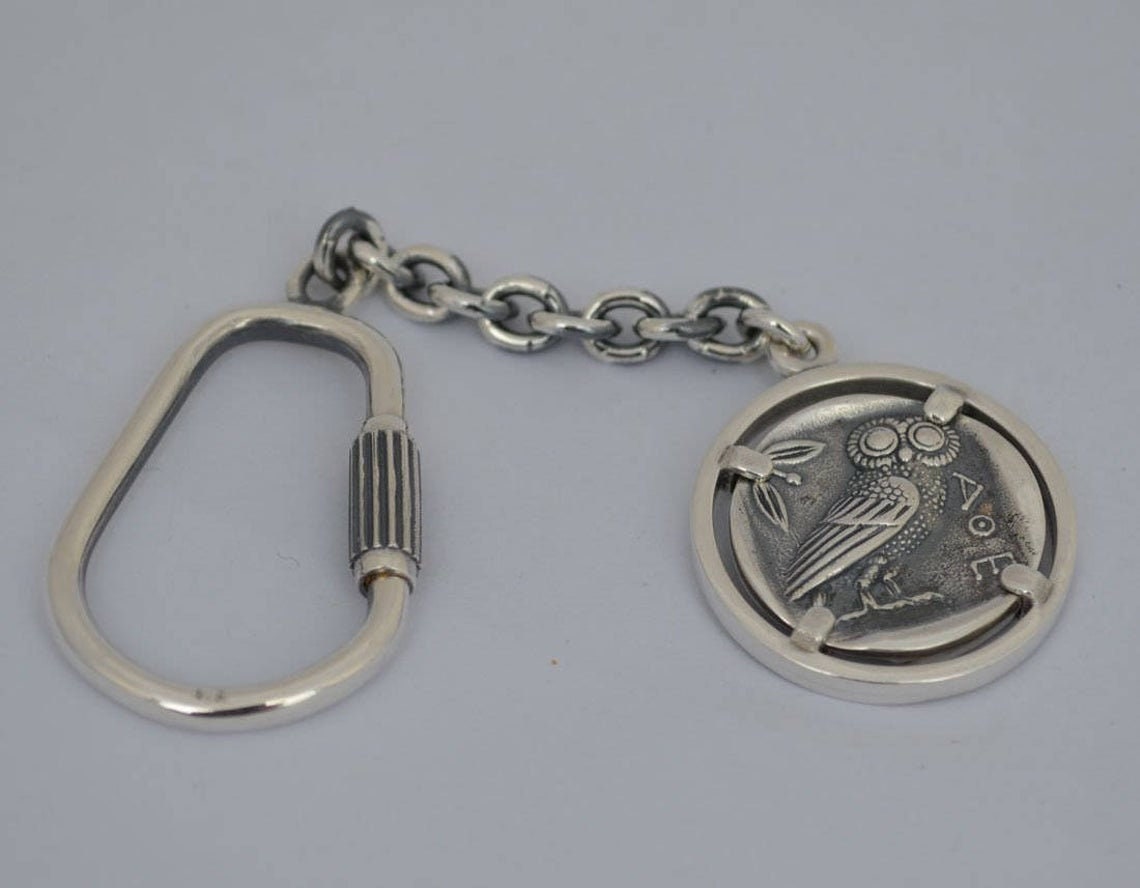 Athena Minerva - Greek Roman Goddess of Wisdom - Owl symbol - Athenian Tetradrachm Coin - Keychain - 925 Sterling Silver