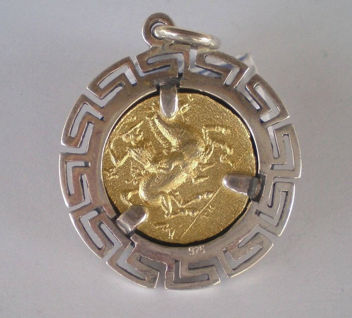 Phillip II Macedon Depicting Zeus - PellaTetradrachm, 348-336 BC , - Meander Design - Gold Plated Coin Pendant - 925 Sterling Silver