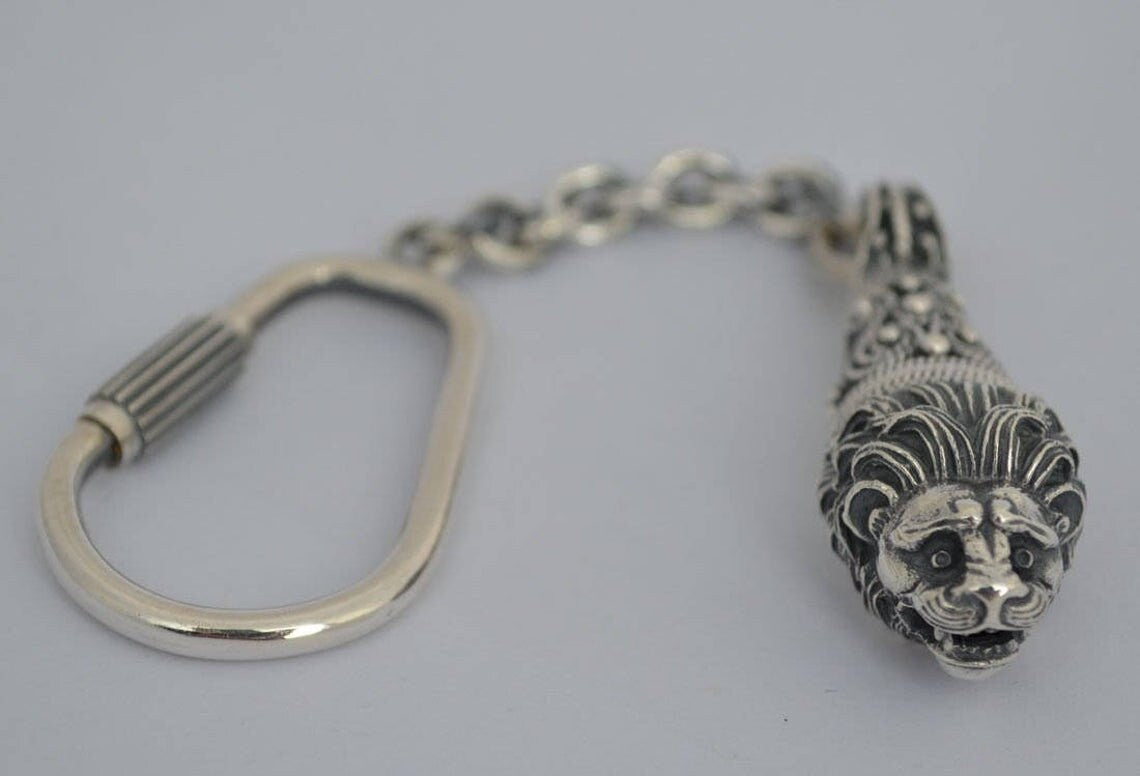 Lion's  Head  - Hercules Motif - Symbol of Royalty, Dignity Courage and, Strength - Keychain - 925 Sterling Silver