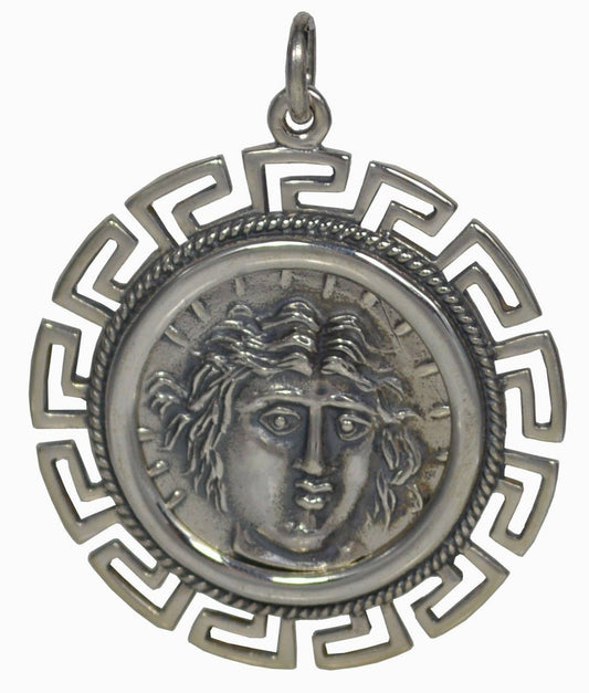 Helios - Ancient Greek Sun God - Hemidrachm, 275-250 BC, Caria, Rhodes - Meander Motif - Coin Pendant - 925 Sterling Silver