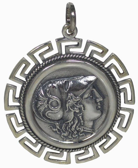 Athena Minerva Greek Roman Goddess of Wisdom - Alexander's stater 328-323 BC - Meander Design - Coin Pendant - 925 Sterling Silver