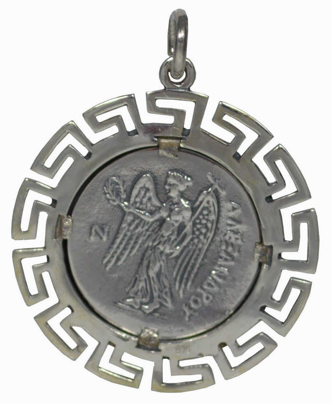 Athena Minerva Greek Roman Goddess of Wisdom - Alexander's stater 328-323 BC - Meander Design - Coin Pendant - 925 Sterling Silver