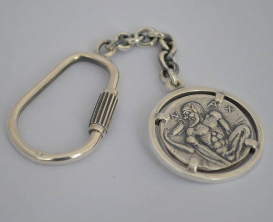 Silenus holding a kantharos and Dionysus, God of Wine - tetradrachm from Naxos, Sicily (461–450 BC) - Keychain - 925 Sterling Silver