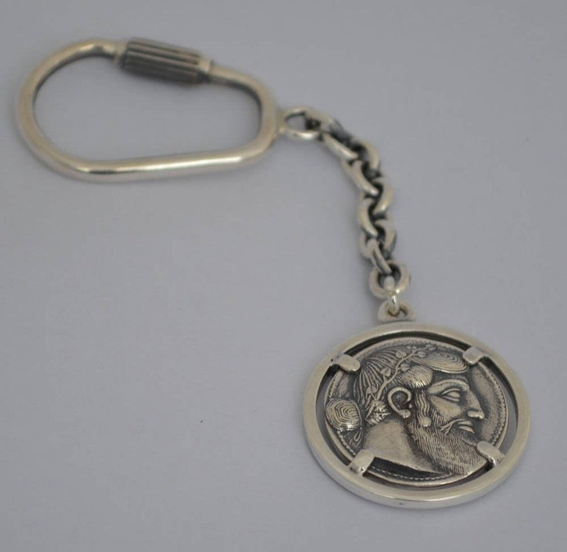 Silenus holding a kantharos and Dionysus, God of Wine - tetradrachm from Naxos, Sicily (461–450 BC) - Keychain - 925 Sterling Silver