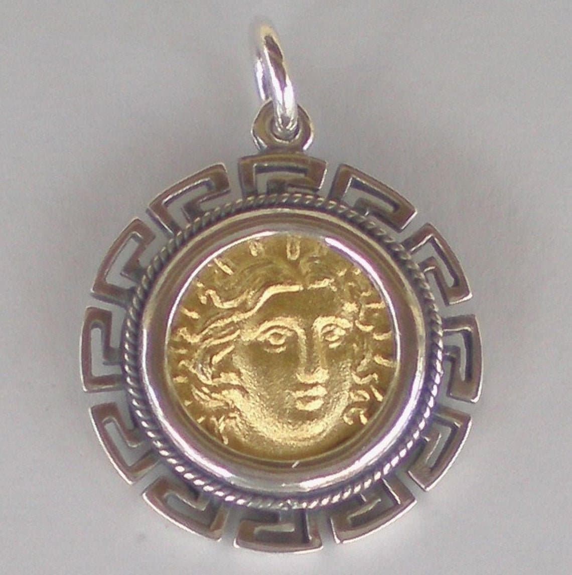 Helius - Sun God - Meander Design - Tetradrachm of Caria, Rhodes - 230-205 BC - Gold Plated Coin Pendant - 925 Sterling Silver