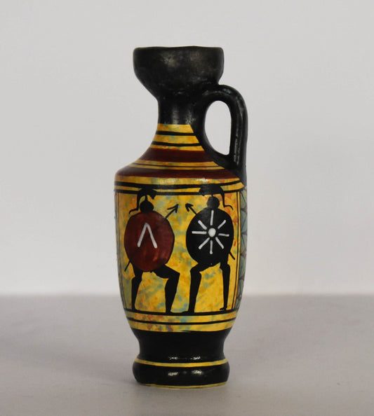 Ancient Greek lekythos - Warriors and chariot - Miniature Ceramic piece - Geometric Period - Handmade in Greece