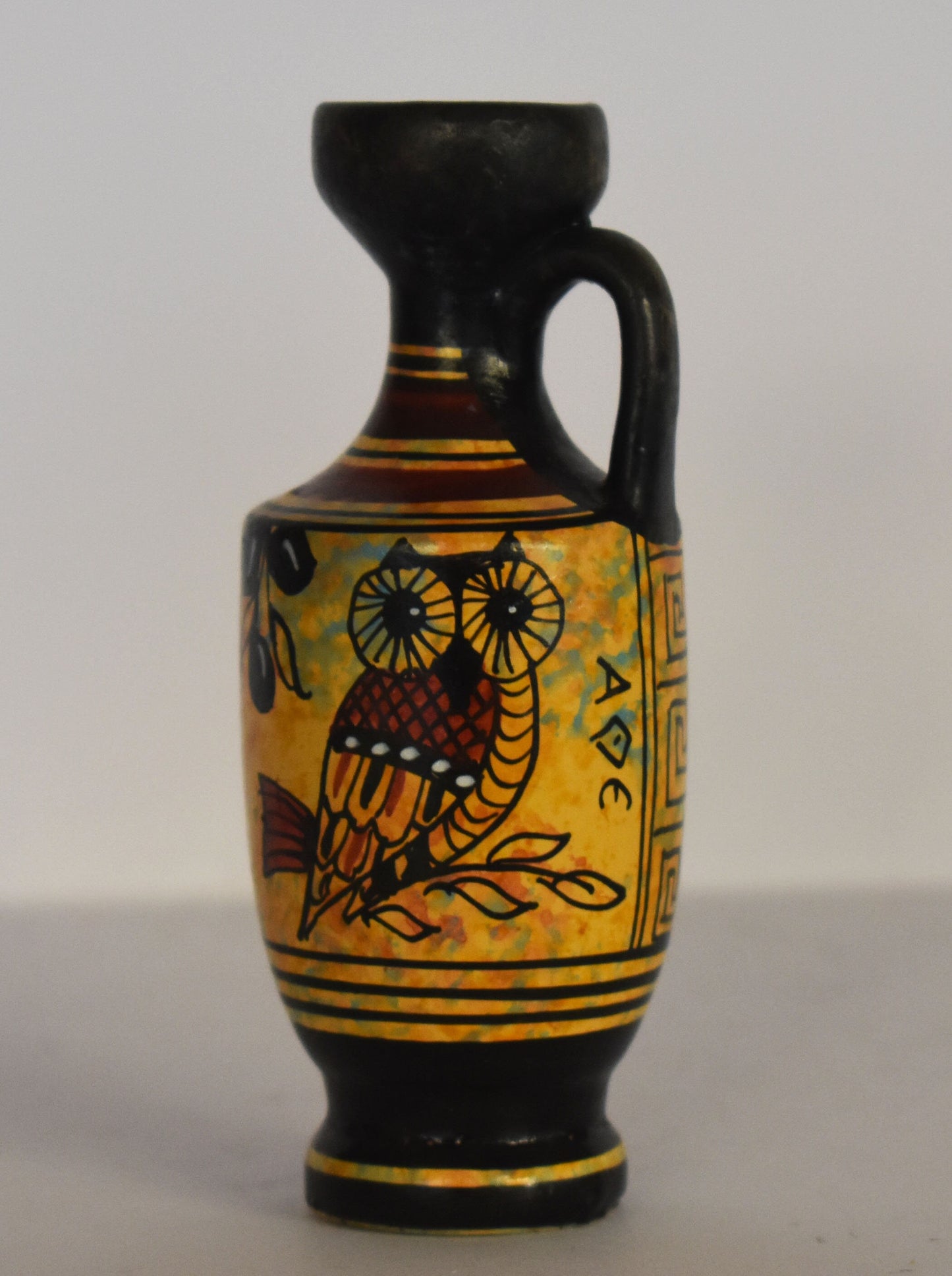 Ancient Greek lekythos - warriors and athenian owl - Miniature Ceramic piece - Geometric Period - Handmade in Greece