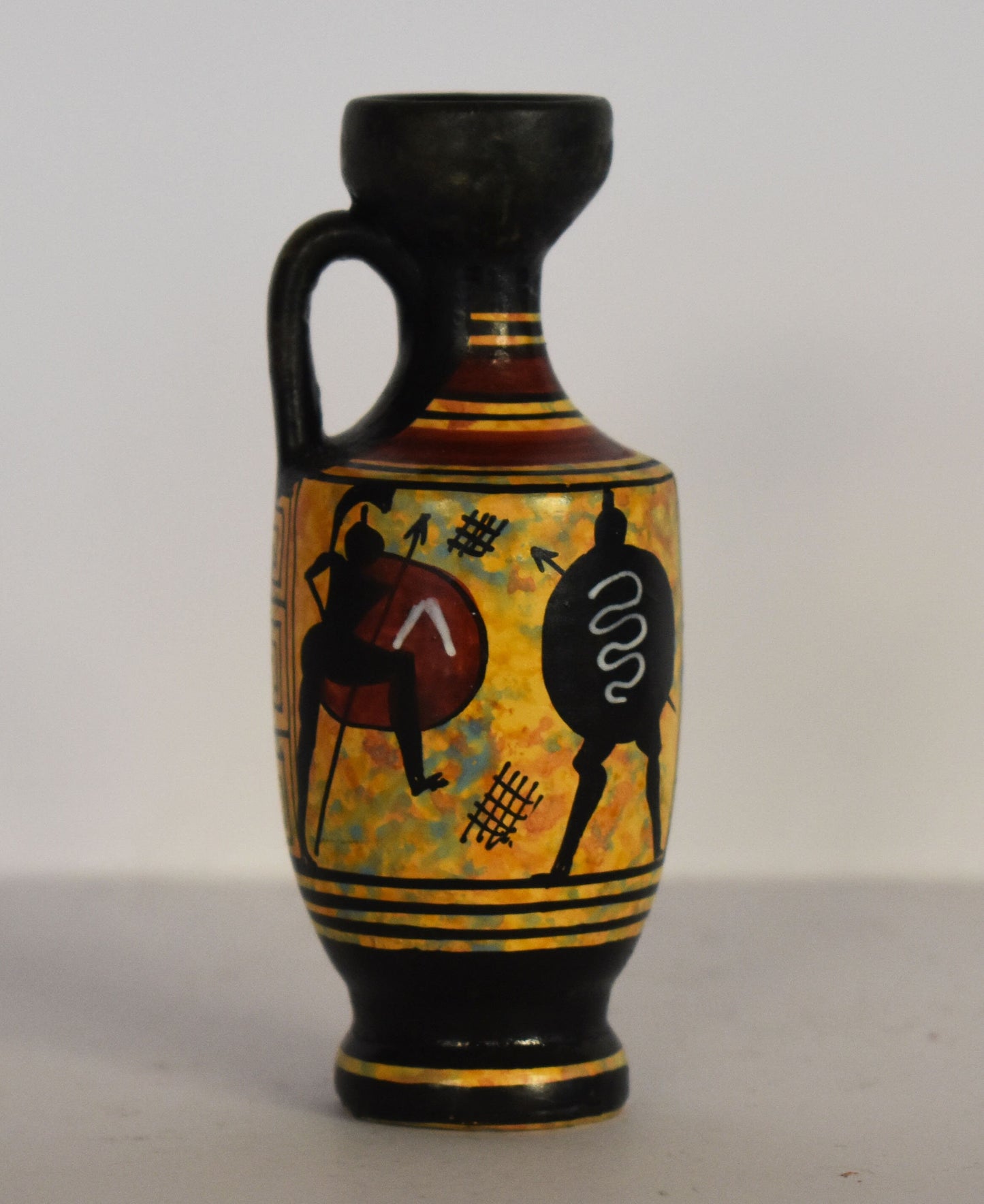 Ancient Greek lekythos - warriors and athenian owl - Miniature Ceramic piece - Geometric Period - Handmade in Greece