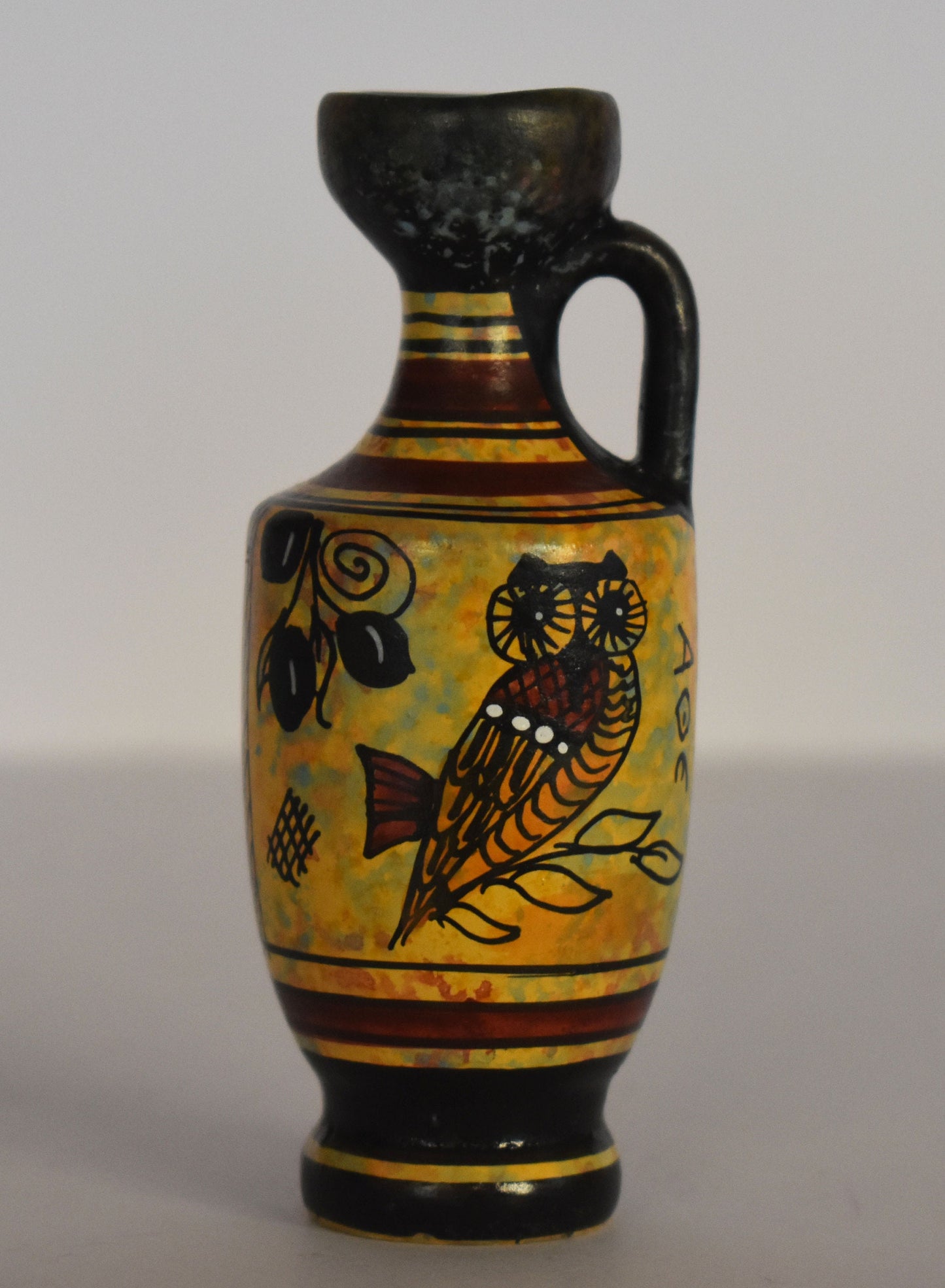 Ancient Greek lekythos - ship and athenian owl - Miniature Ceramic piece - Geometric Period - Handmade in Greece