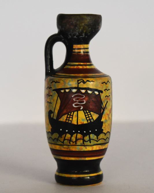 Ancient Greek lekythos -  ship and athenian owl - Miniature Ceramic piece - Geometric Period - Handmade in Greece