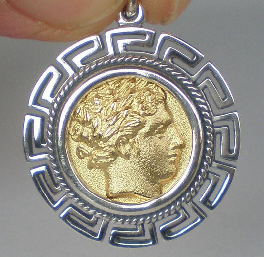 Apollo - Greek Roman God of Light, Healing, Music - Meander, symbol of eternity - Gold Plated Coin Pendant - 925 Sterling Silver